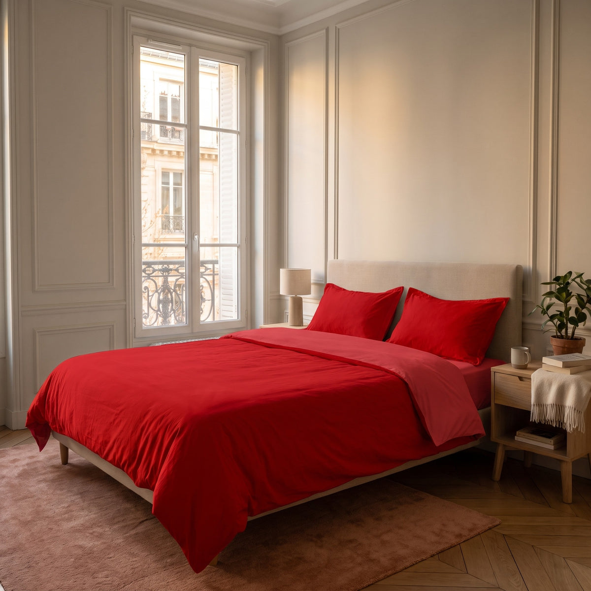 Chambre haussmannienne, lit fait avec la parure de lit reversible rouge, unie sur ses deux faces, vue du pied du lit