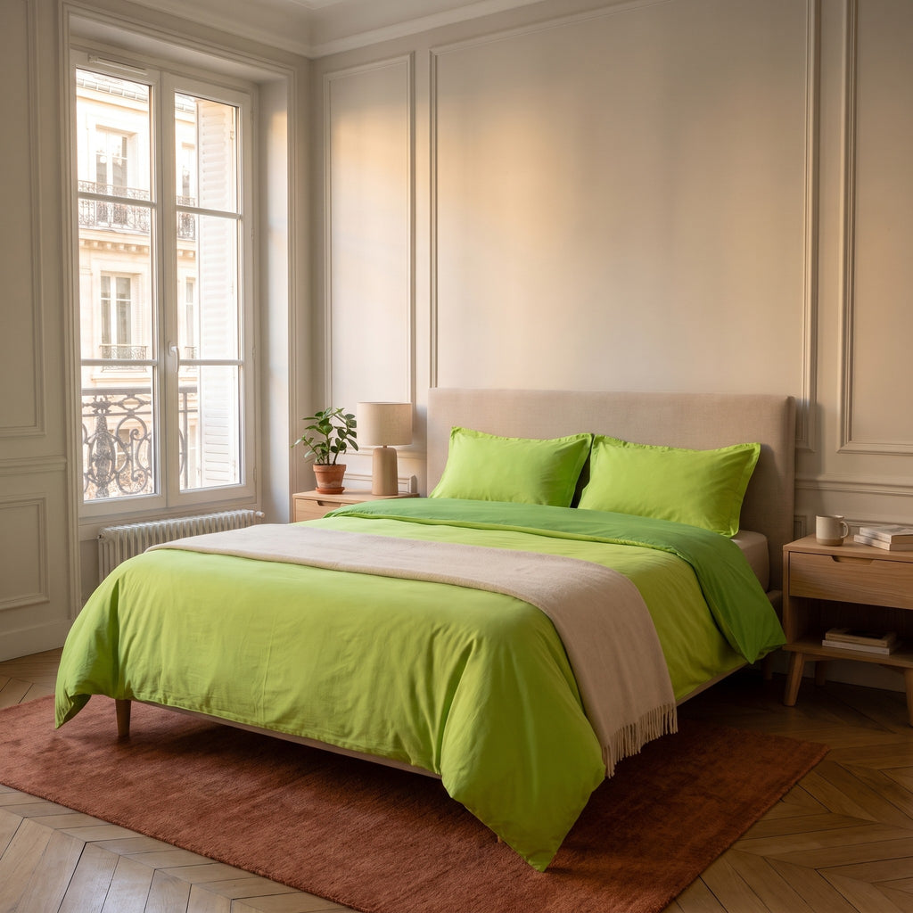 Chambre haussmannienne, lit fait avec la parure de lit reversible vert, unie sur ses deux faces, vue du pied du lit
