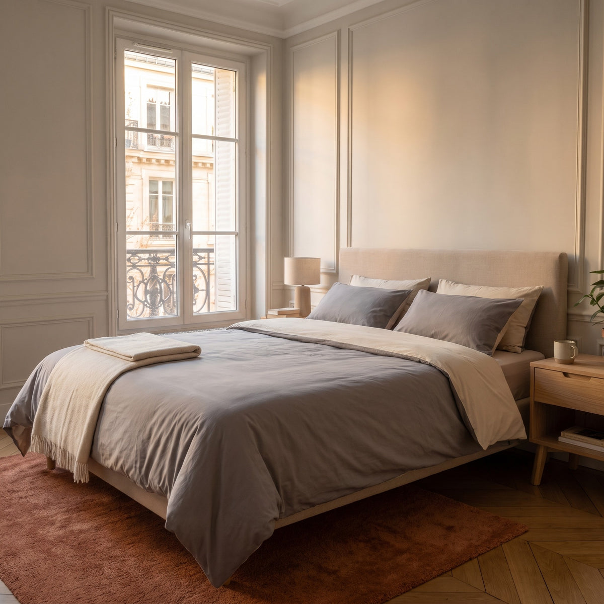 Chambre haussmannienne, lit fait avec la parure de lit reversible gris et beige, le revers rabattu en tete de lit, vue du pied du lit