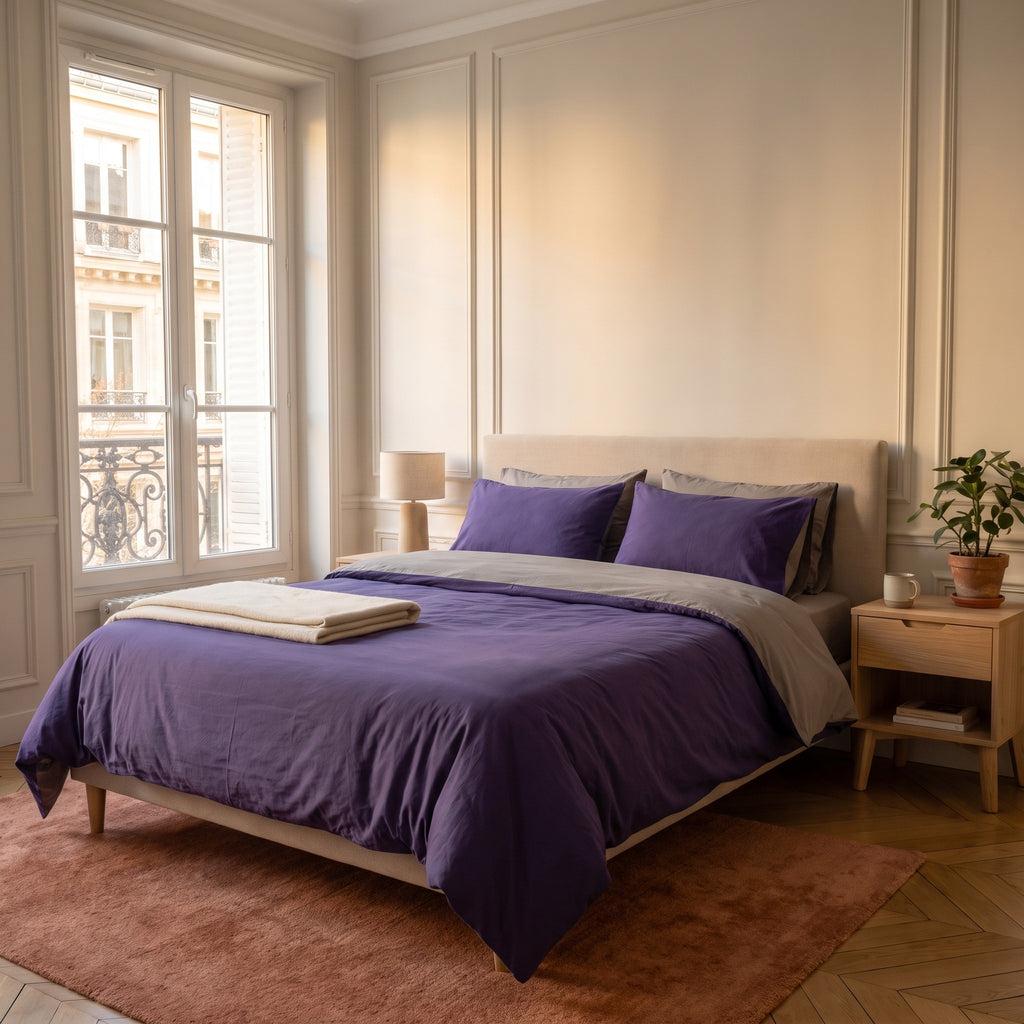 Chambre haussmannienne, lit fait avec la parure de lit reversible violet et gris, le revers rabattu en tete de lit, vue du pied du lit