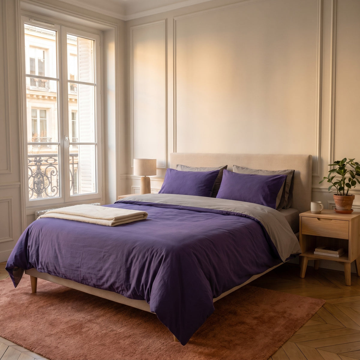 Chambre haussmannienne, lit fait avec la parure de lit reversible violet et gris, le revers rabattu en tete de lit, vue du pied du lit