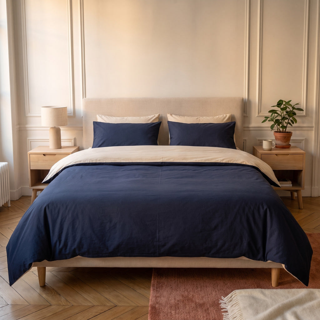 Chambre haussmannienne, lit fait avec la parure de lit reversible bleu foncé et beige, le revers rabattu en tete de lit, vue du pied du lit