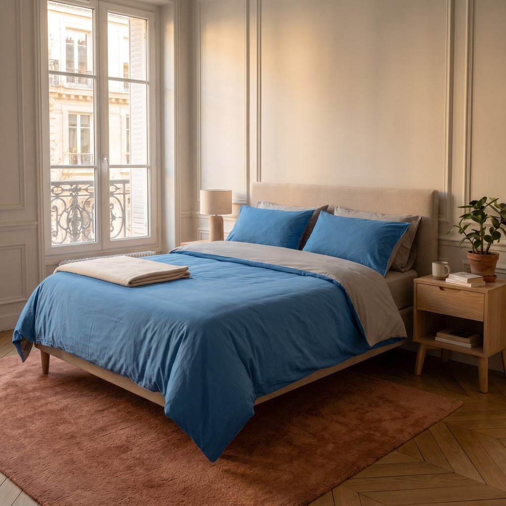 Chambre haussmannienne, lit fait avec la parure de lit reversible bleu clair et gris, le revers rabattu en tete de lit, vue du pied du lit