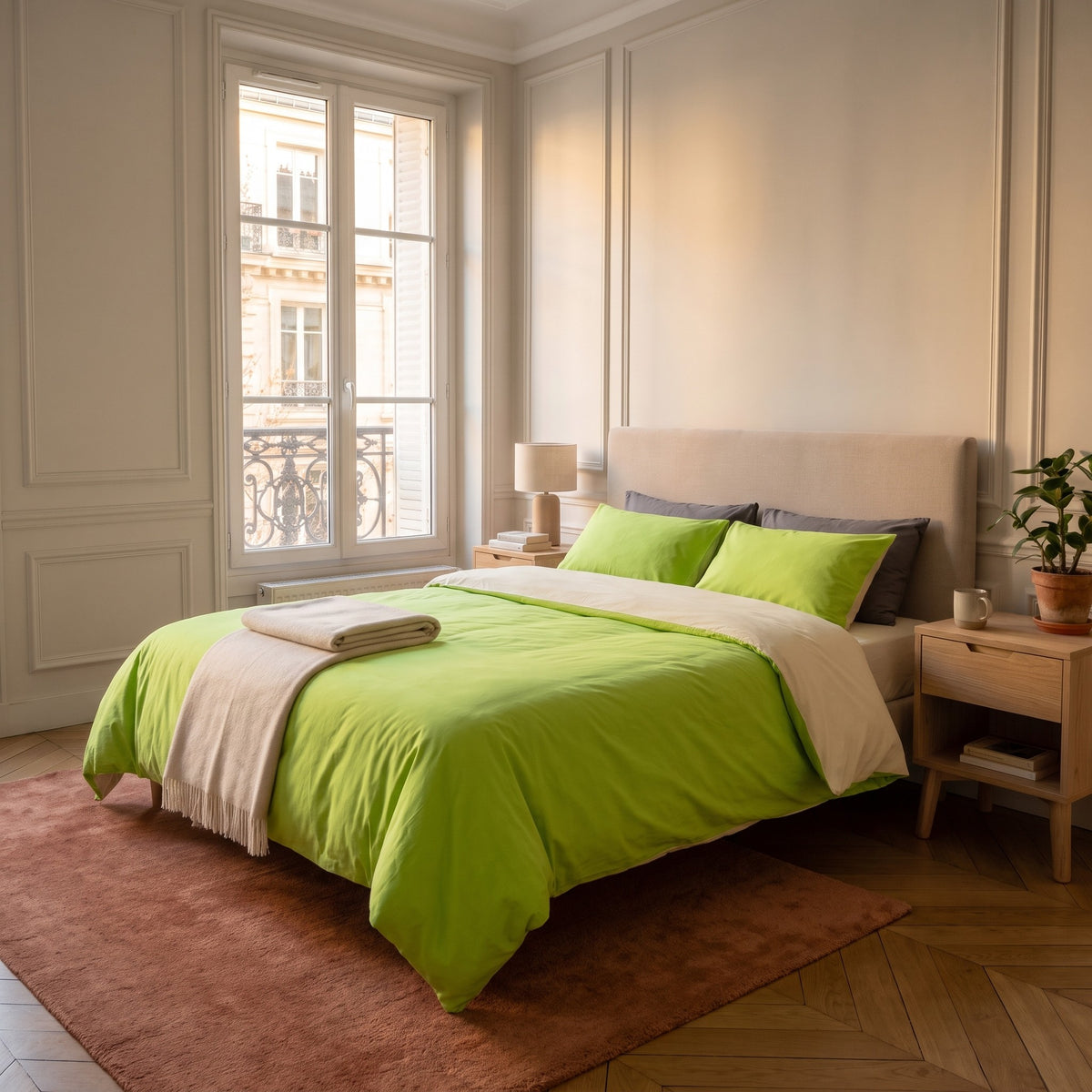 Chambre haussmannienne, lit fait avec la parure de lit reversible vert et beige, le revers rabattu en tete de lit, vue du pied du lit