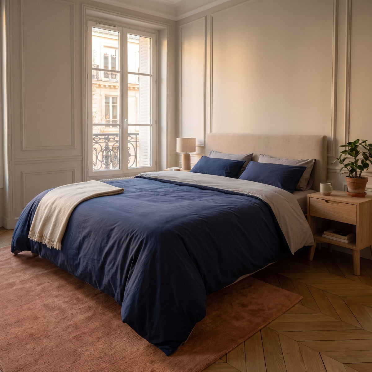 Chambre haussmannienne, lit fait avec la parure de lit reversible bleu foncé et gris, le revers rabattu en tete de lit, vue du pied du lit