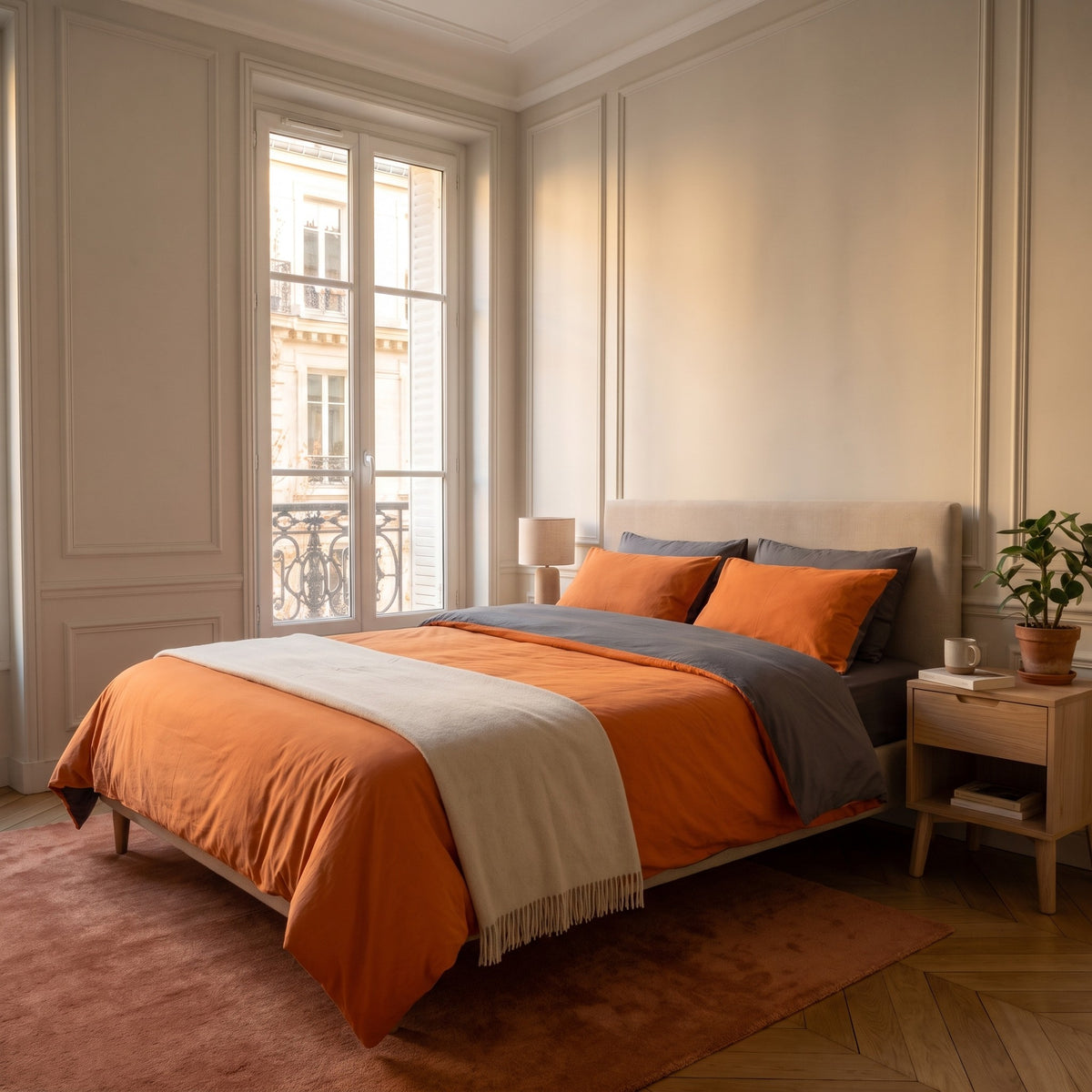 Chambre haussmannienne, lit fait avec la parure de lit reversible orange et gris, le revers rabattu en tete de lit, vue du pied du lit