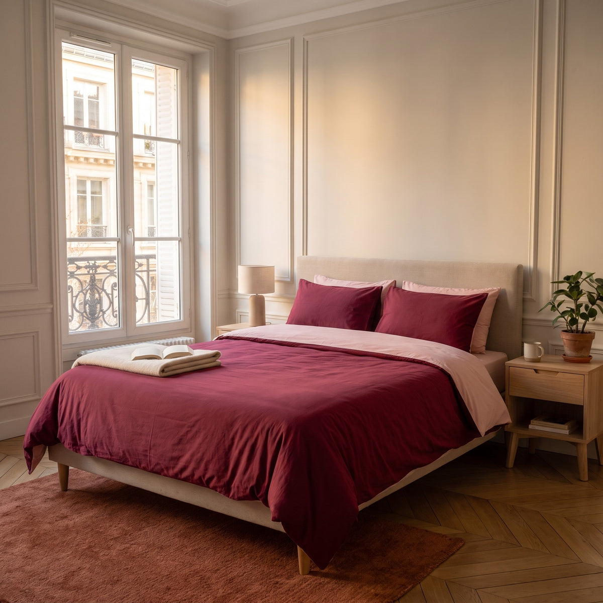 Chambre haussmannienne, lit fait avec la parure de lit reversible rouge et rose, le revers rabattu en tete de lit, vue du pied du lit