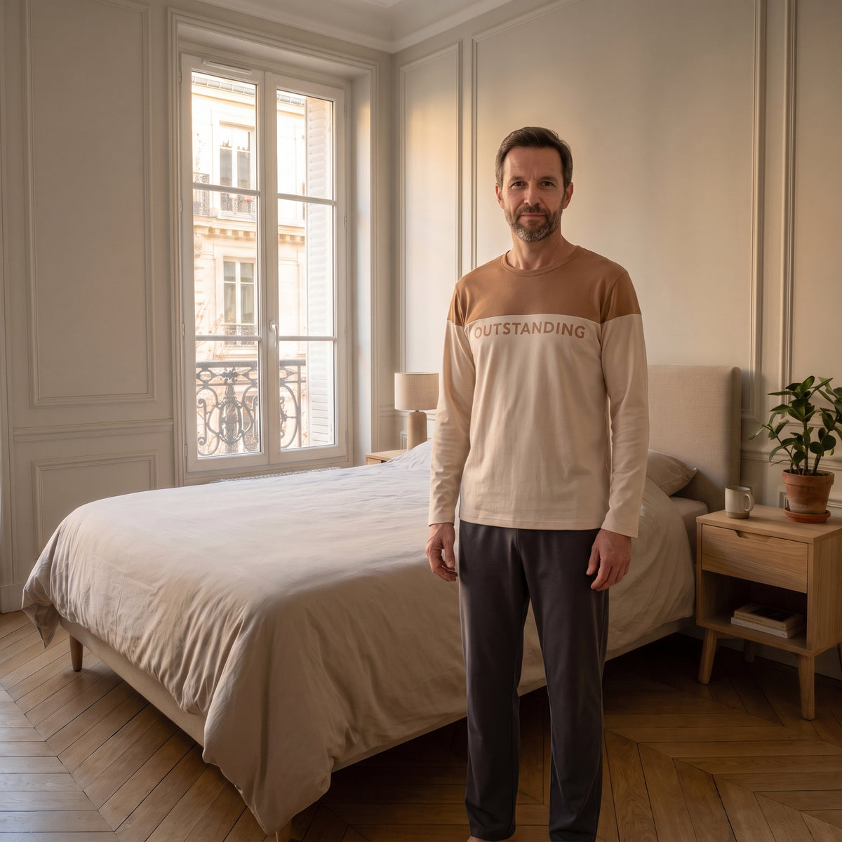 Pyjama homme camel et beige porté