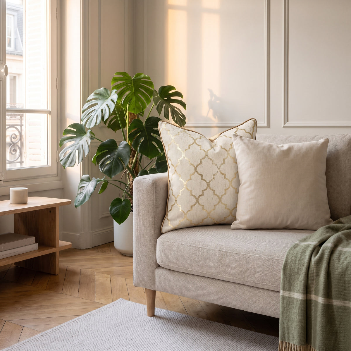 Le coussin ivoire à motif doré posé dans l angle d un canapé
