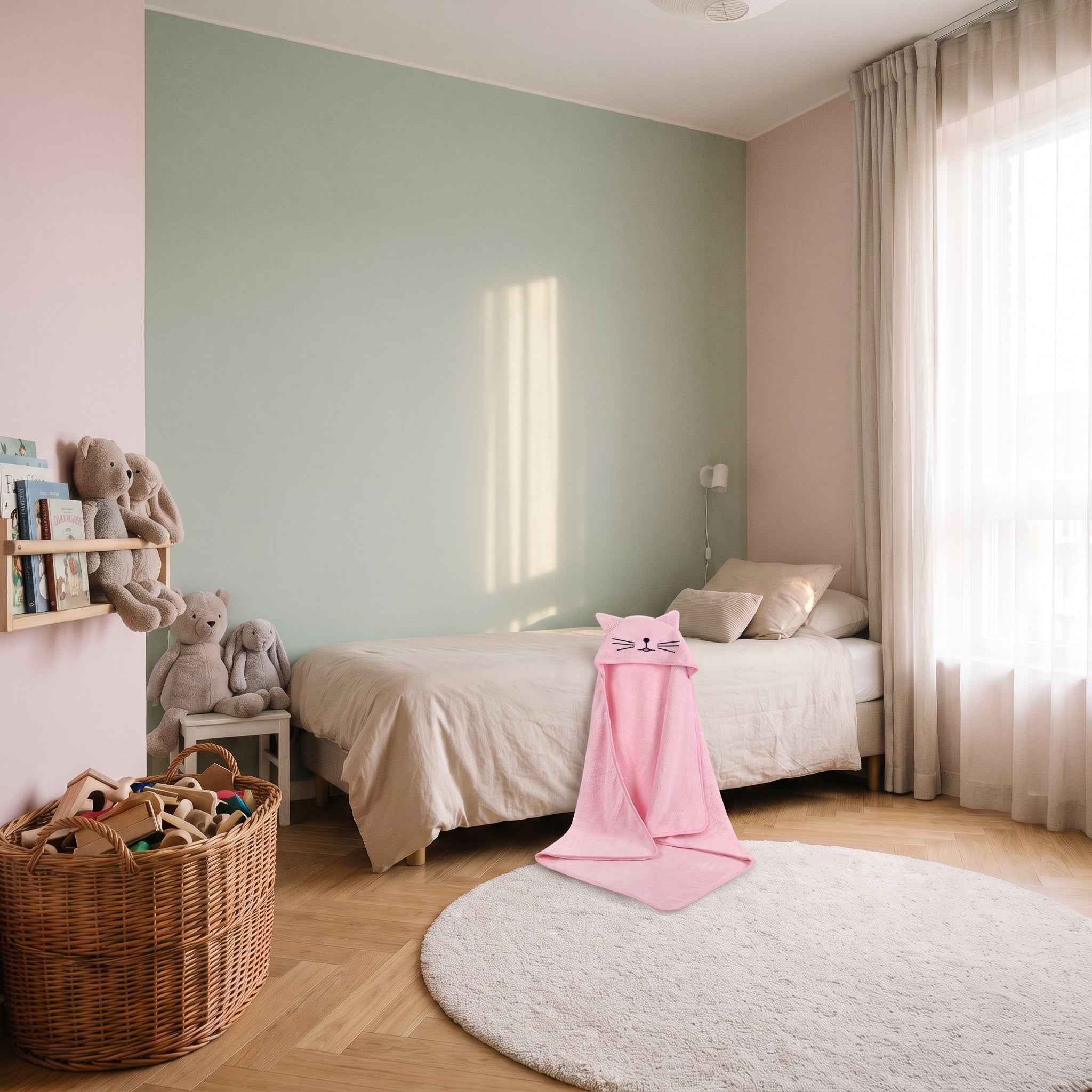 Cape de bain bébé rose à capuche en situation dans une chambre d'enfant Image