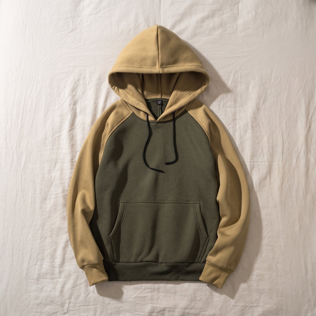 Sweat homme bicolore, Capuche kaki et beige, posé à plat