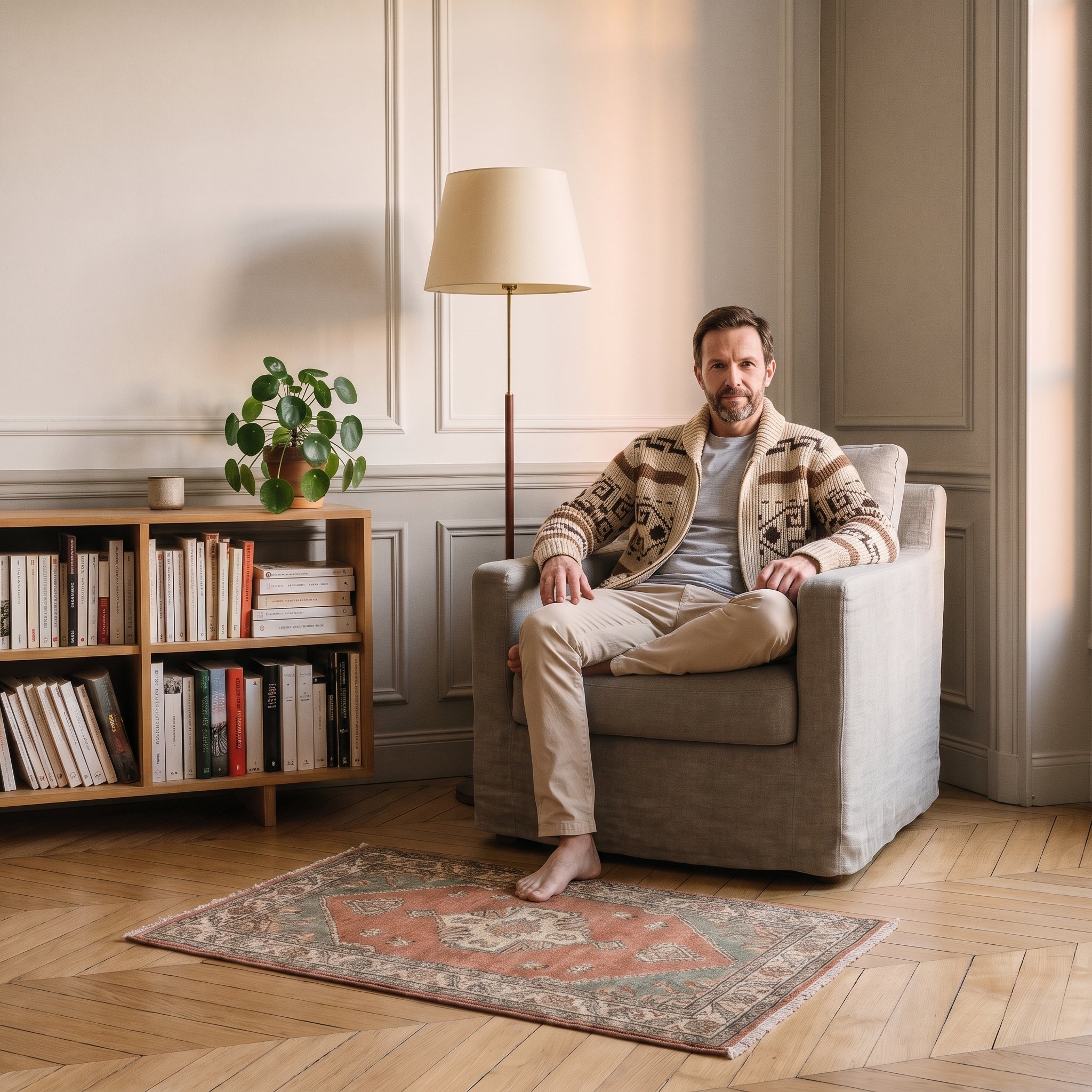 Cardigan homme marron à motifs géométriques porté assis dans un coin lecture Image