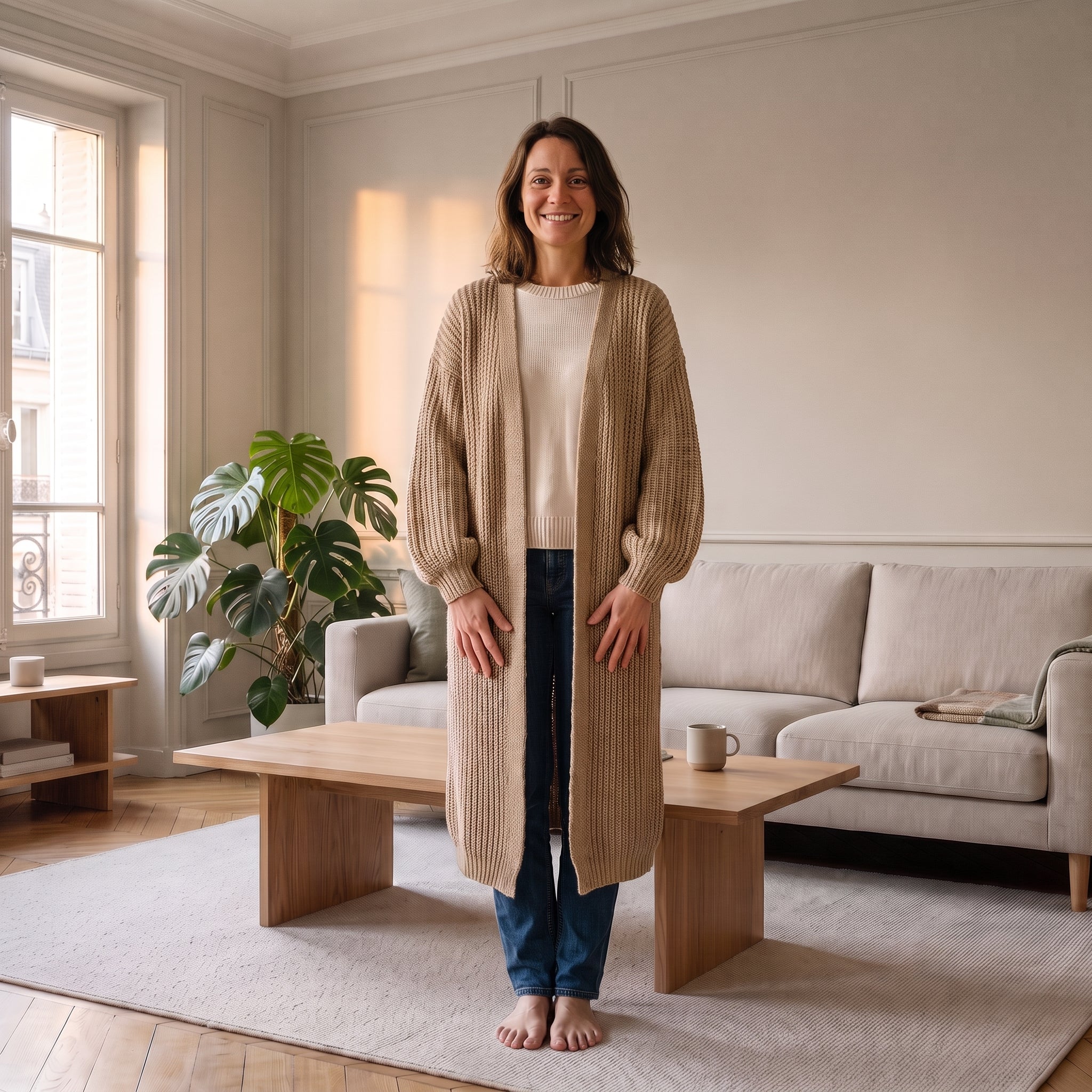 Cardigan long beige camel en côtes anglaises porté dans le salon Image