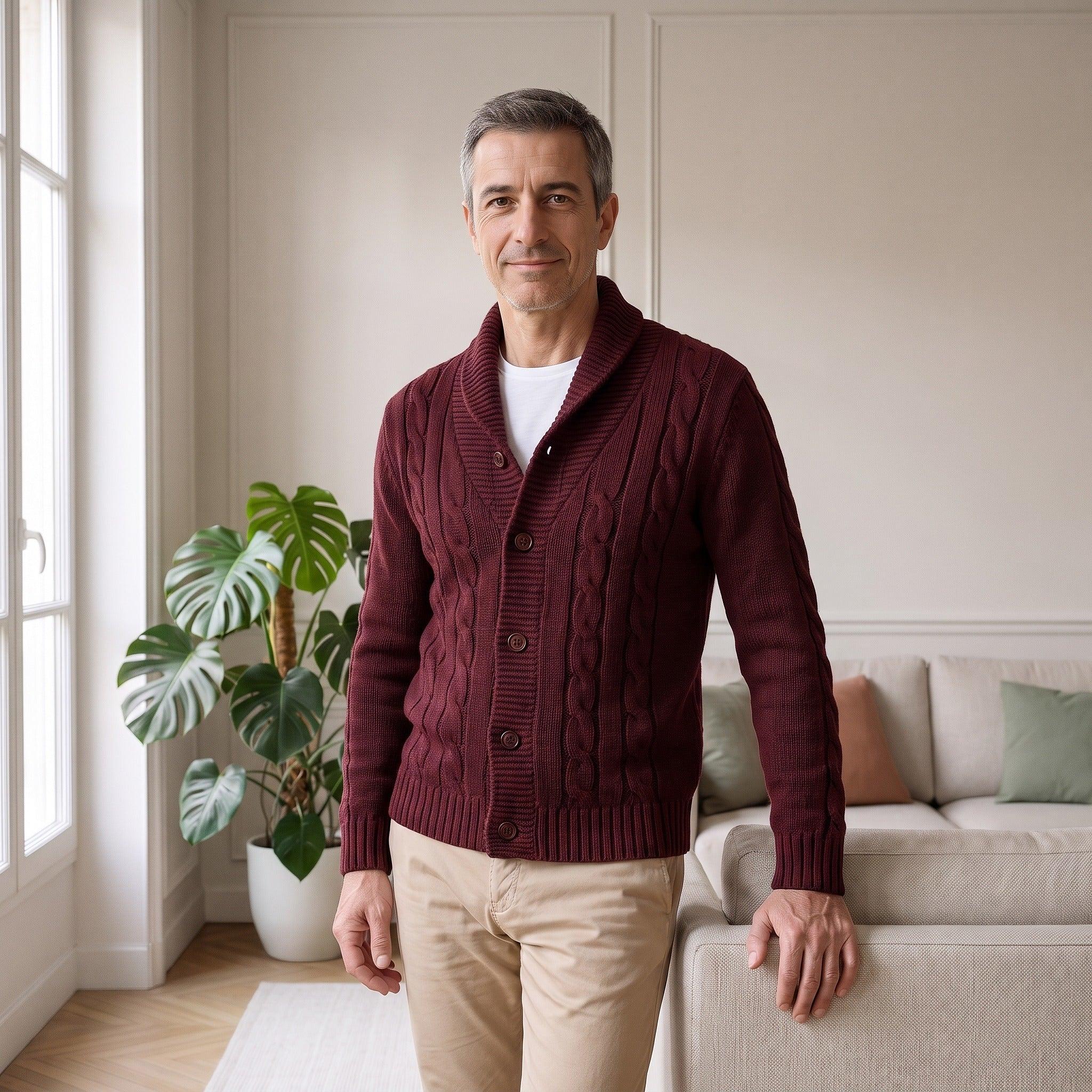 Cardigan homme bordeaux torsadé à col châle vue de face Image