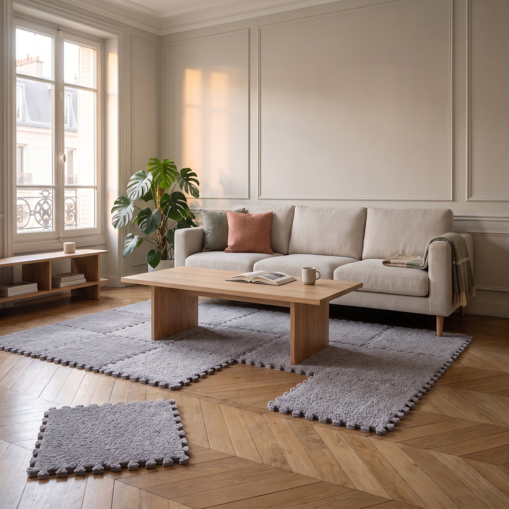 Carré de tapis en mousse gris sorti du tapis, le parquet visible à sa place Image