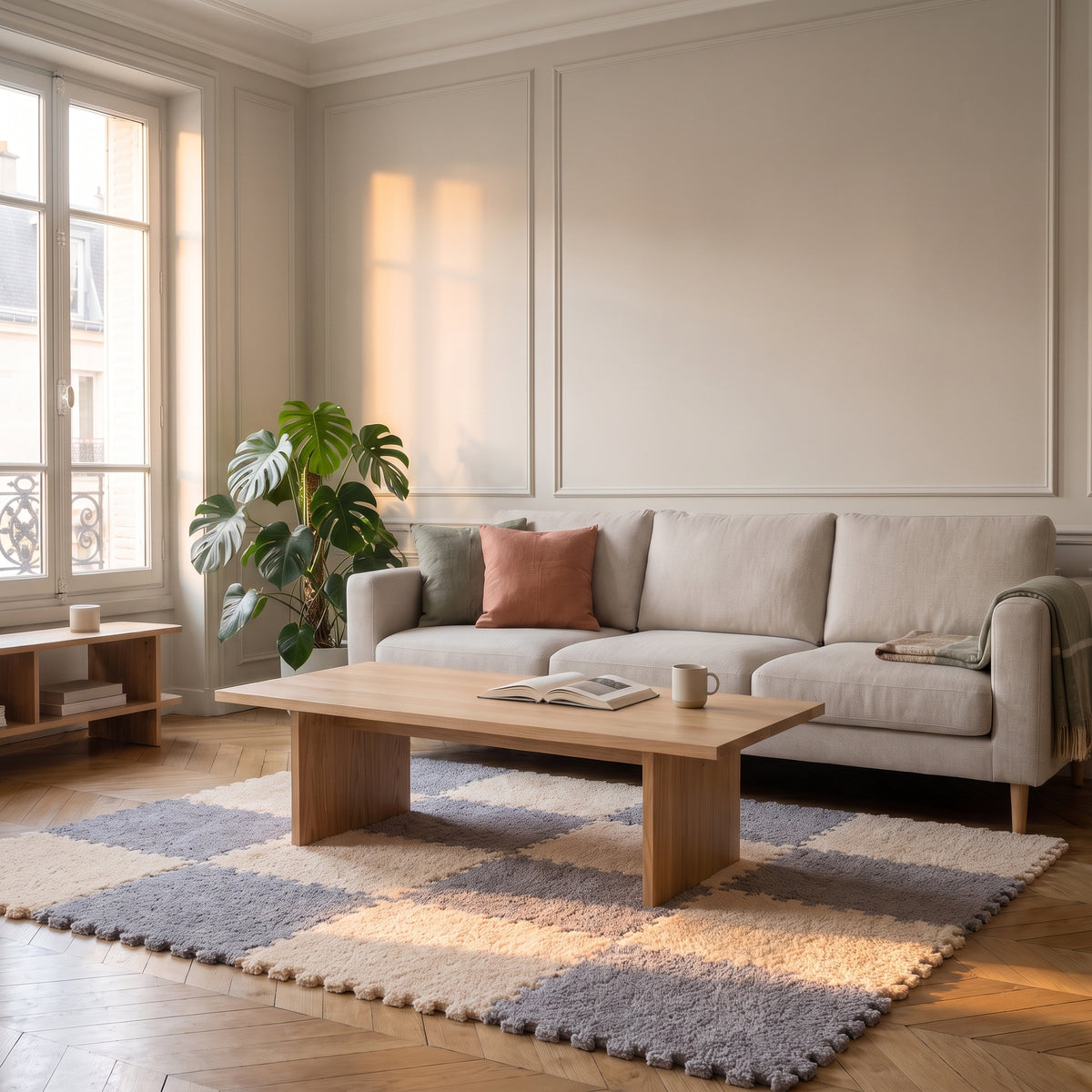 Carrés de tapis en mousse beige et gris posés en damier Image