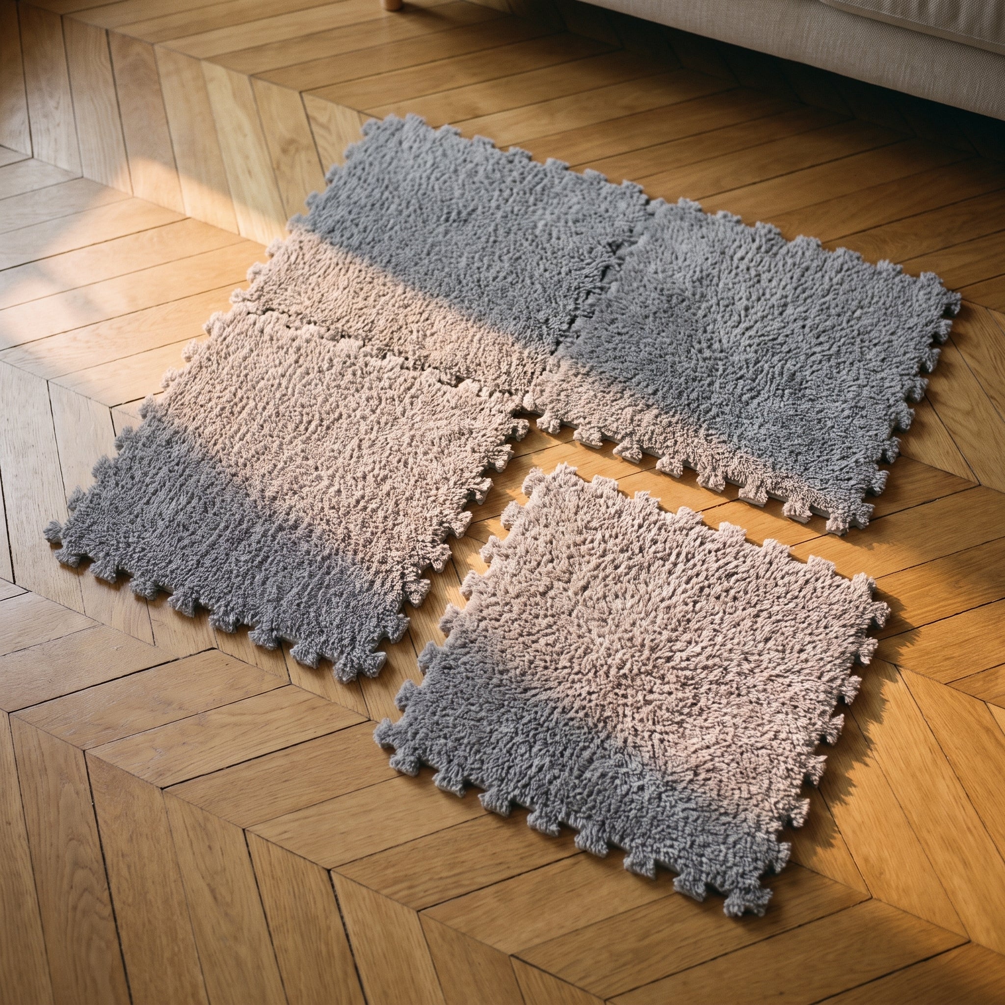 Carrés de tapis en mousse en cours d'emboîtement sur un parquet Image