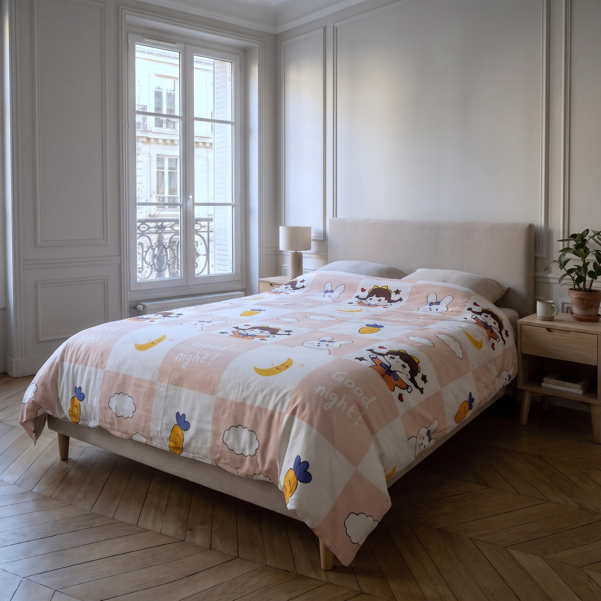 Housse de couette Good night sur le lit d'une chambre claire Image