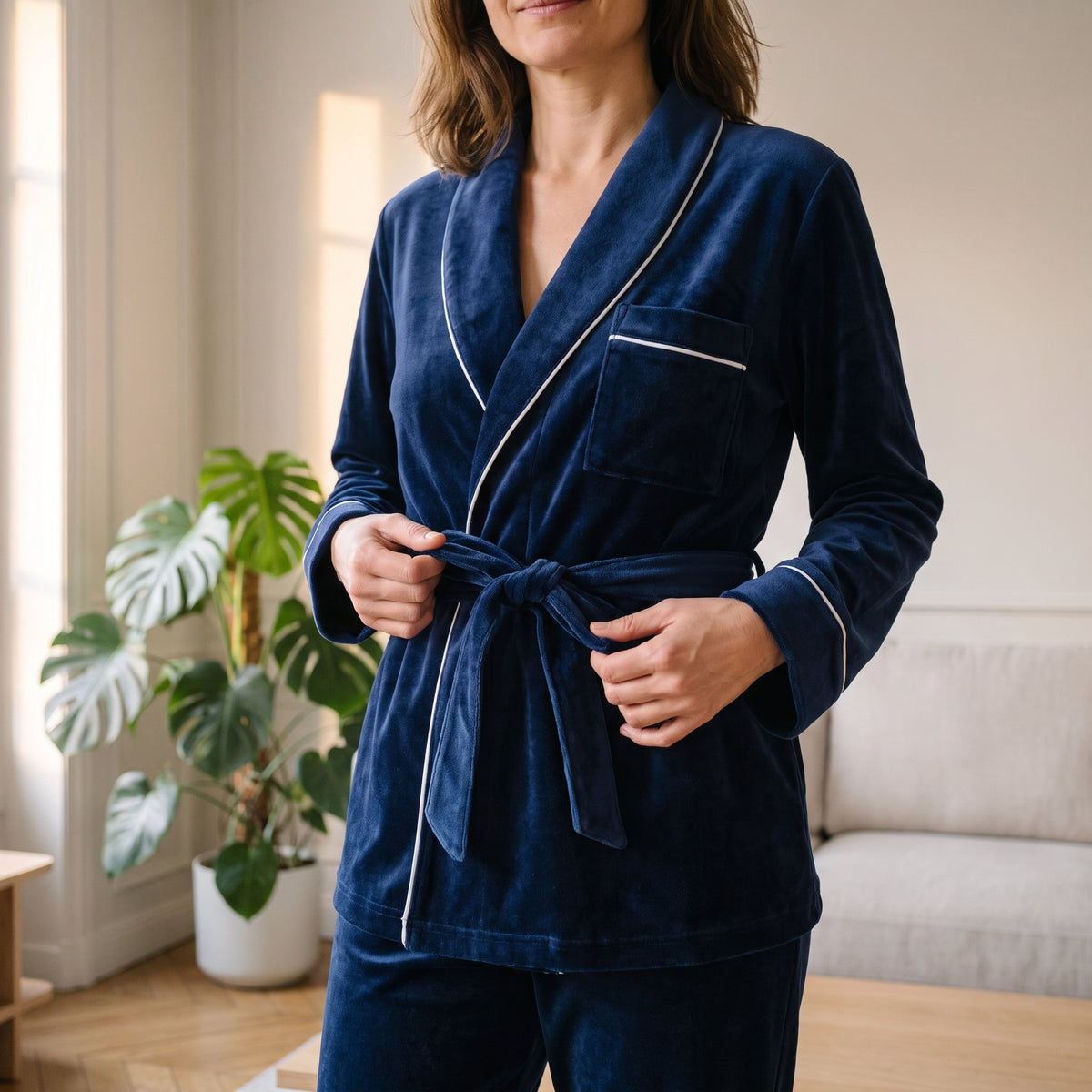 La veste croisée à col châle, ceinture nouée à la taille Image