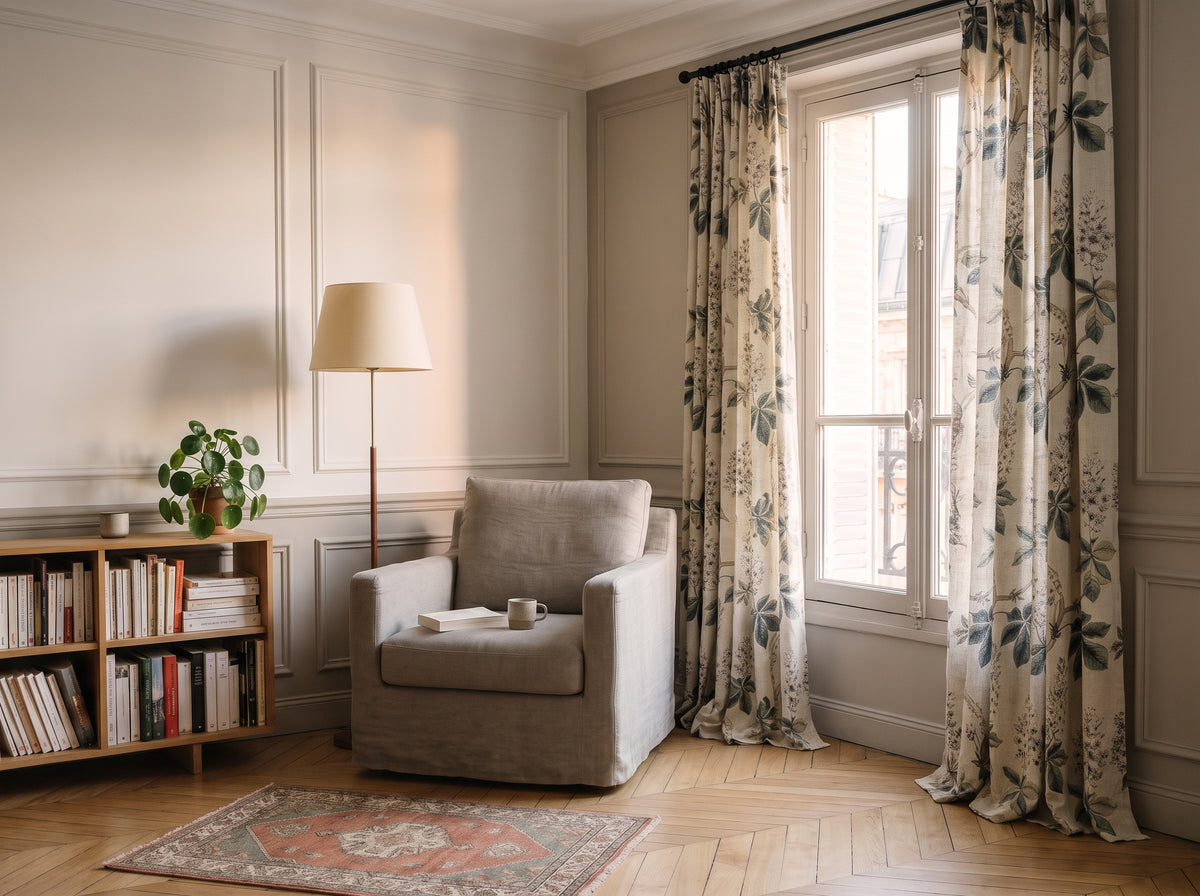 Fauteuil de lecture près de la fenêtre habillée du rideau en lin à feuillage et fleurs blanches Image
