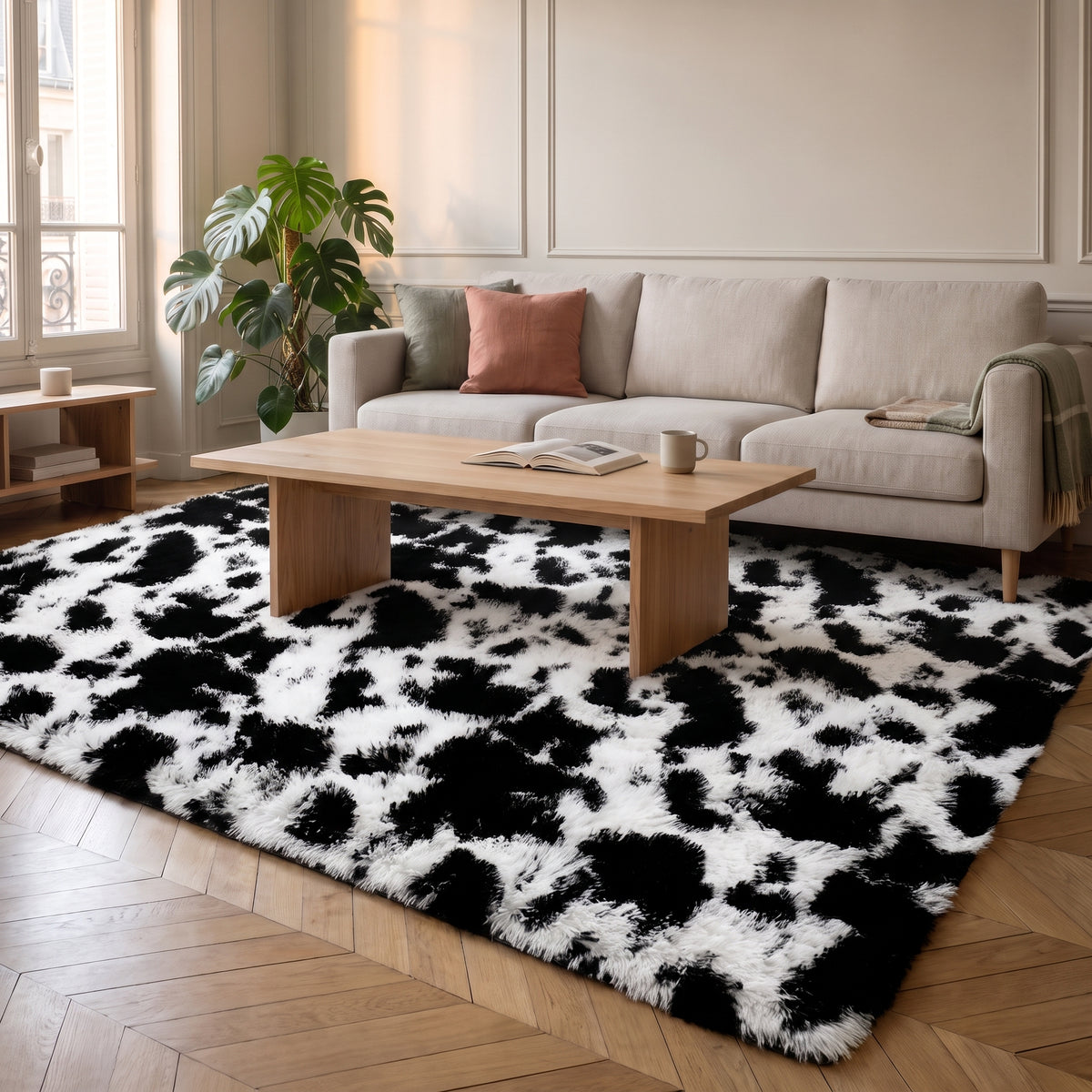 Tapis vache passant sous la table basse et les pieds avant du canapé Image