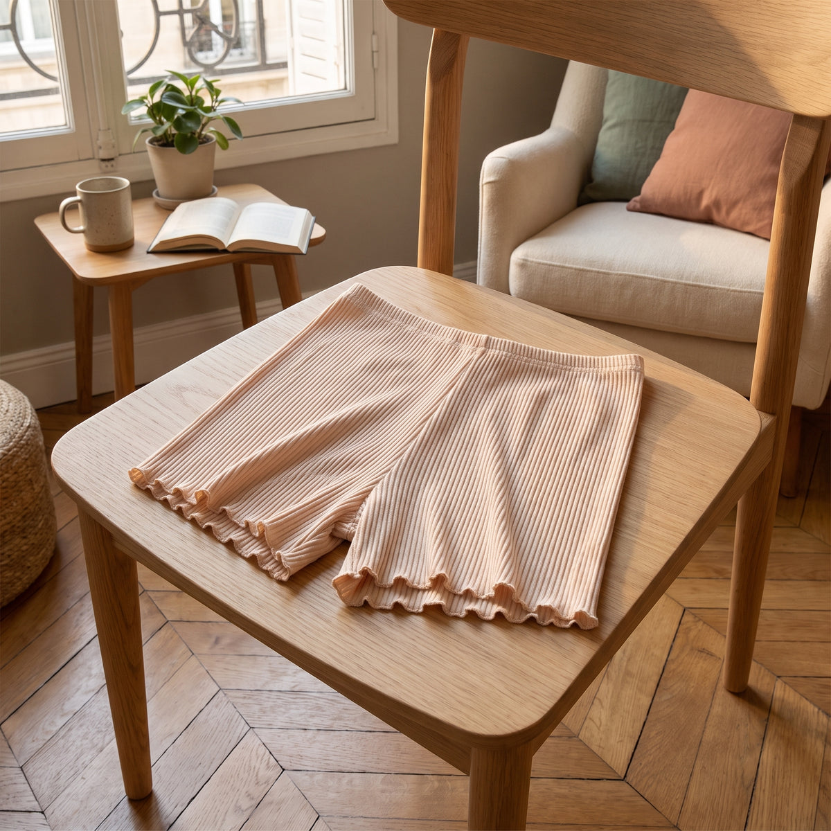 Short boxer beige pose deplie sur une chaise en bois clair