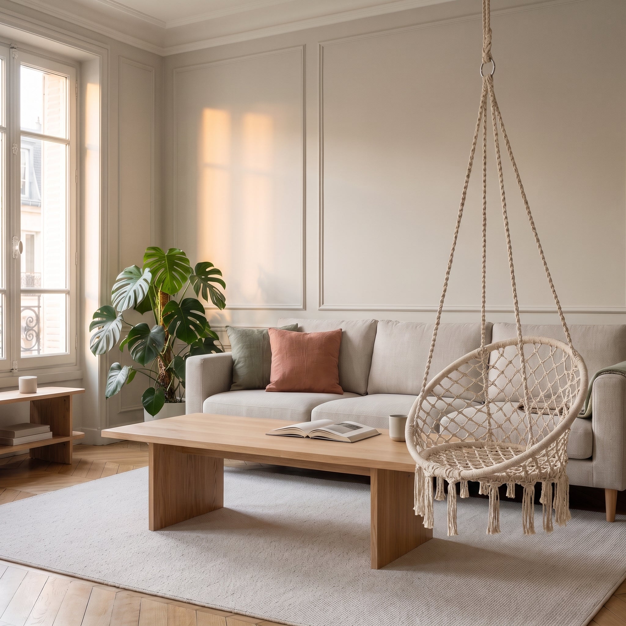 Chaise suspendue en corde de coton dans un salon Image