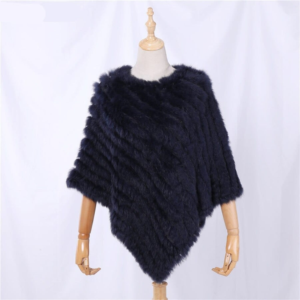 Poncho femme en fourrure de lapin, coloris Bleu marine