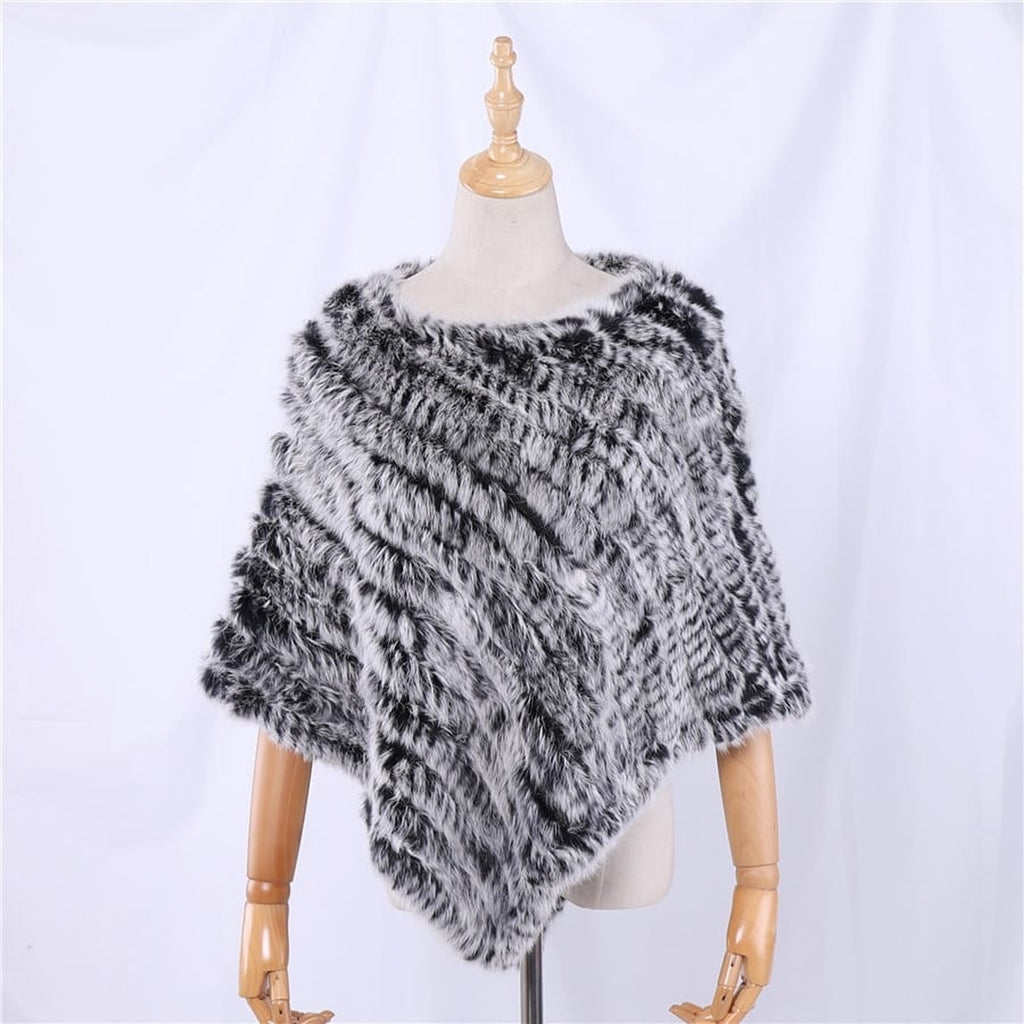 Poncho femme en fourrure de lapin, coloris Noir et blanc
