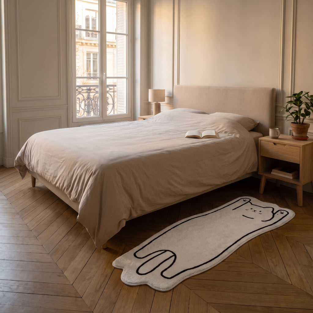 Tapis chat cartoon 60 x 160 cm disposé le long d'un lit