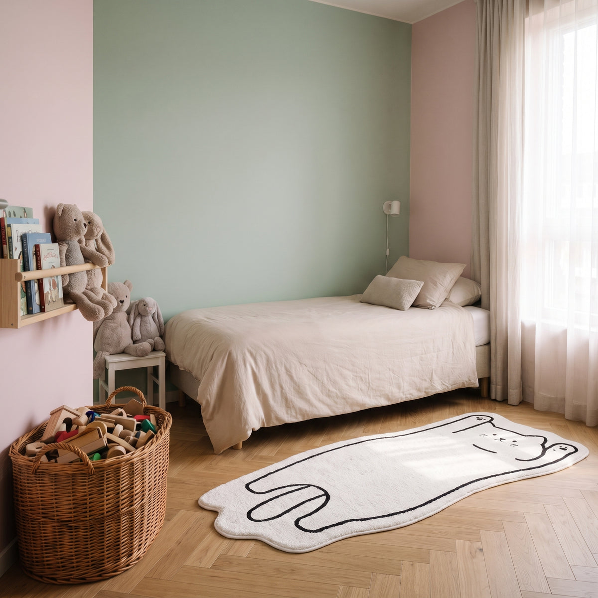 Tapis chat cartoon 80 x 160 cm dans une chambre d'enfant lumineuse