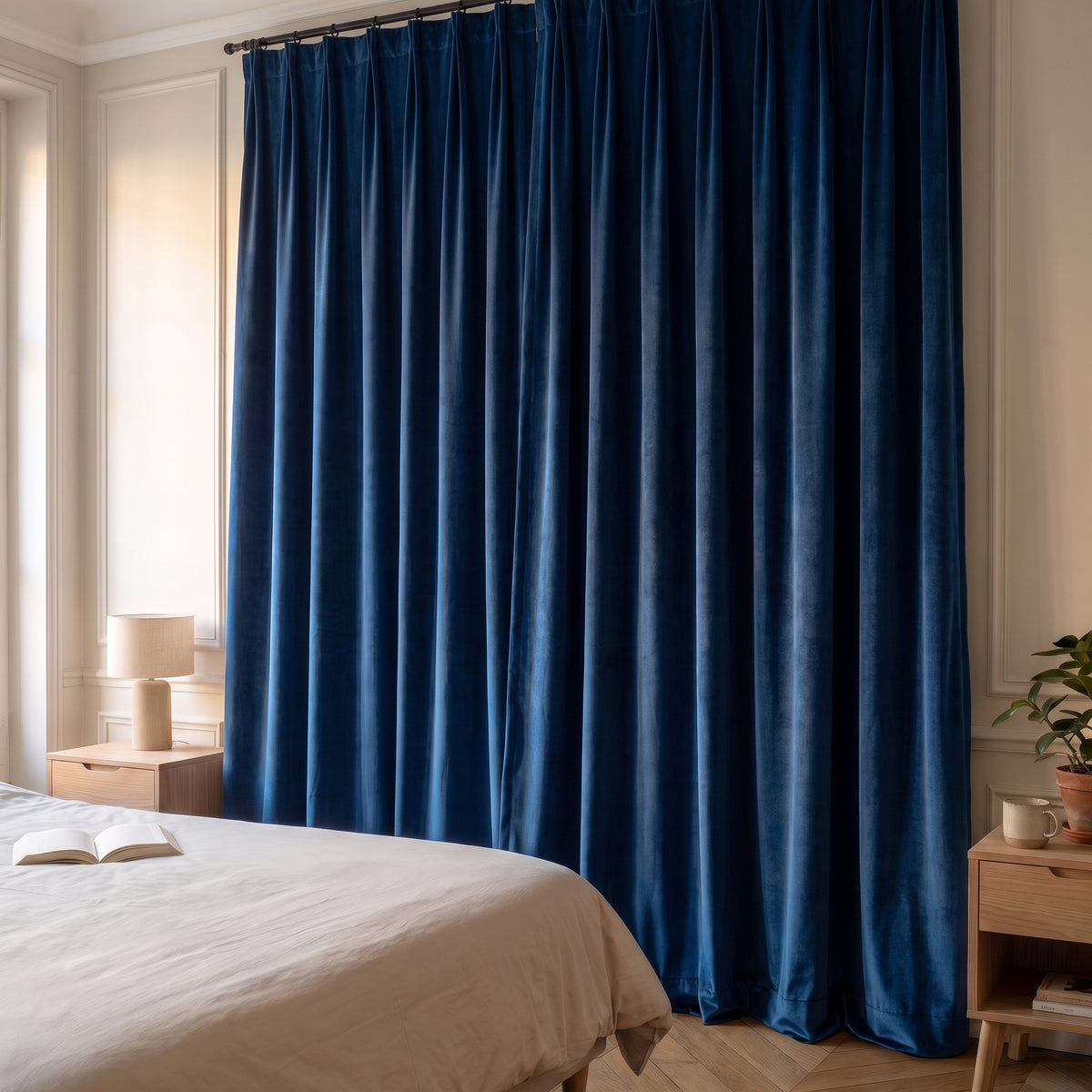 Rideau en velours bleu roi fermé dans une chambre