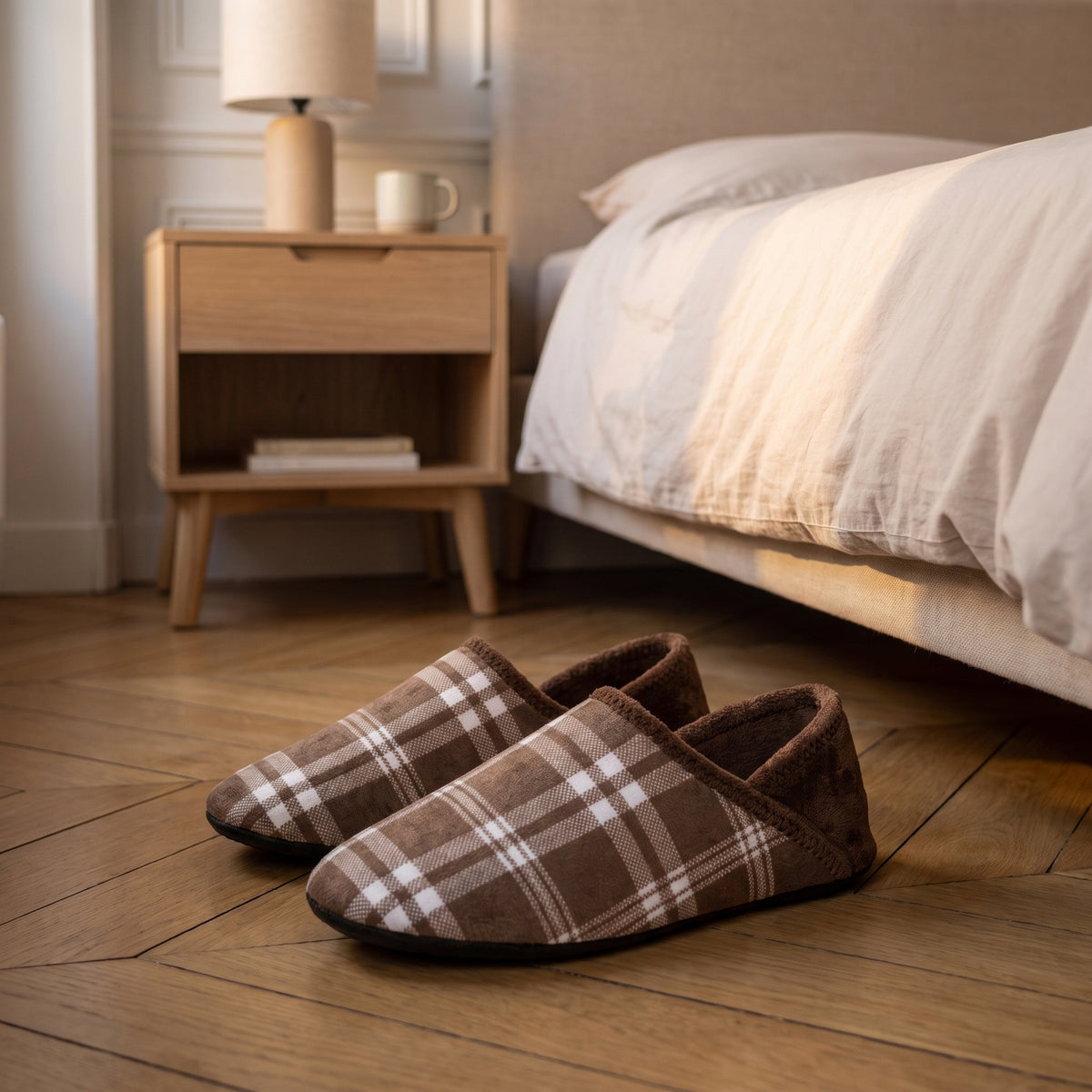 Charentaises homme marron à carreaux près du lit dans la chambre