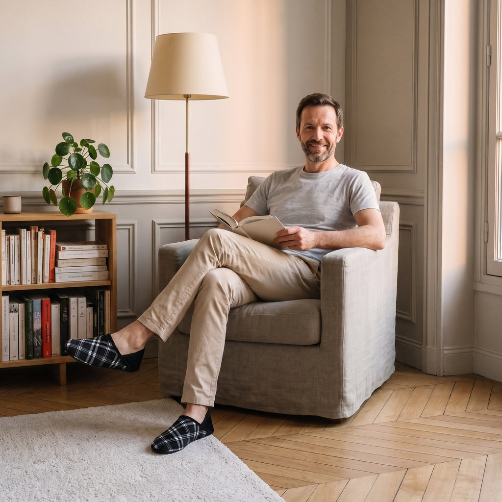Homme du casting portant les charentaises noires à carreaux dans le coin lecture