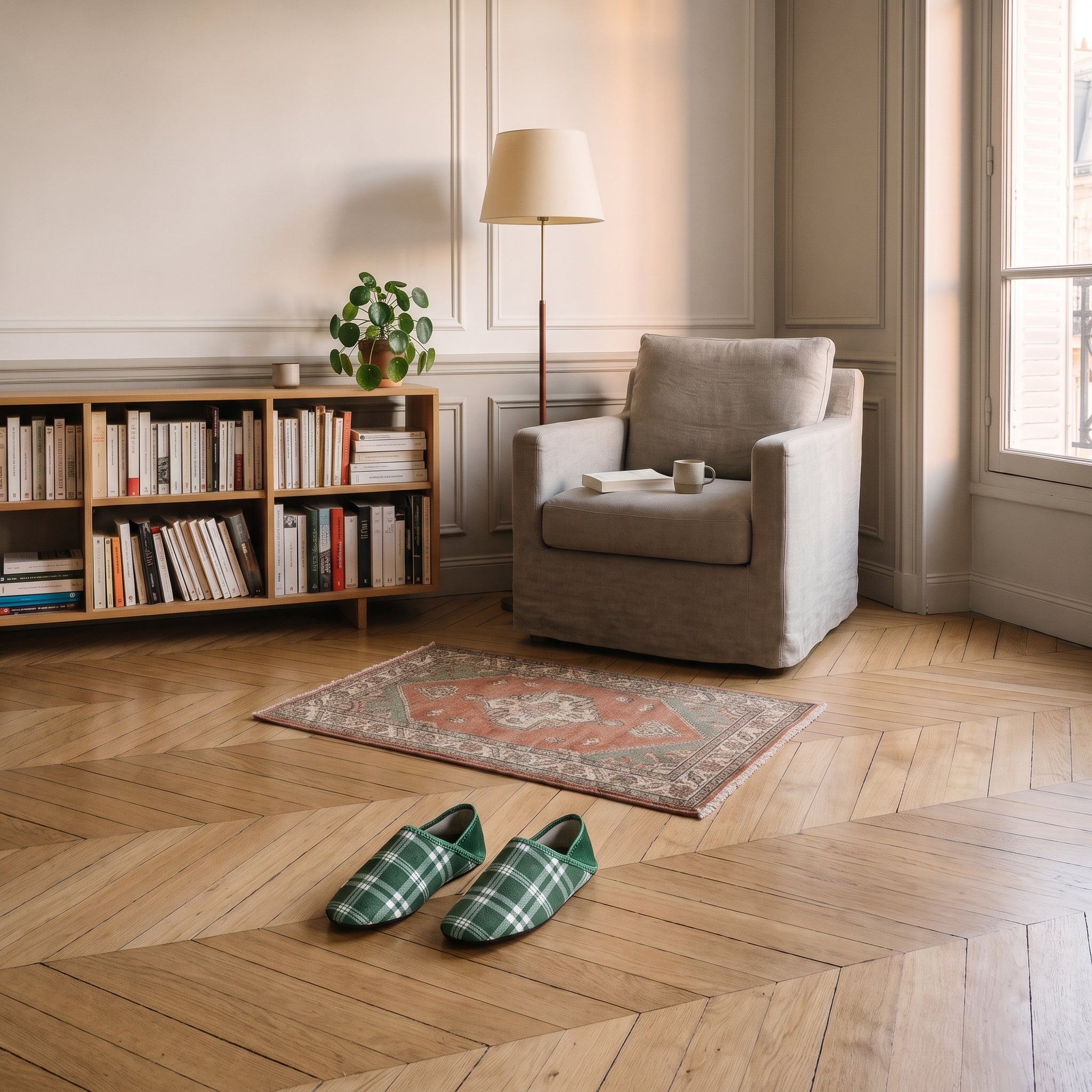 Charentaises homme vertes à carreaux posées sur le parquet devant le fauteuil du coin lecture Image