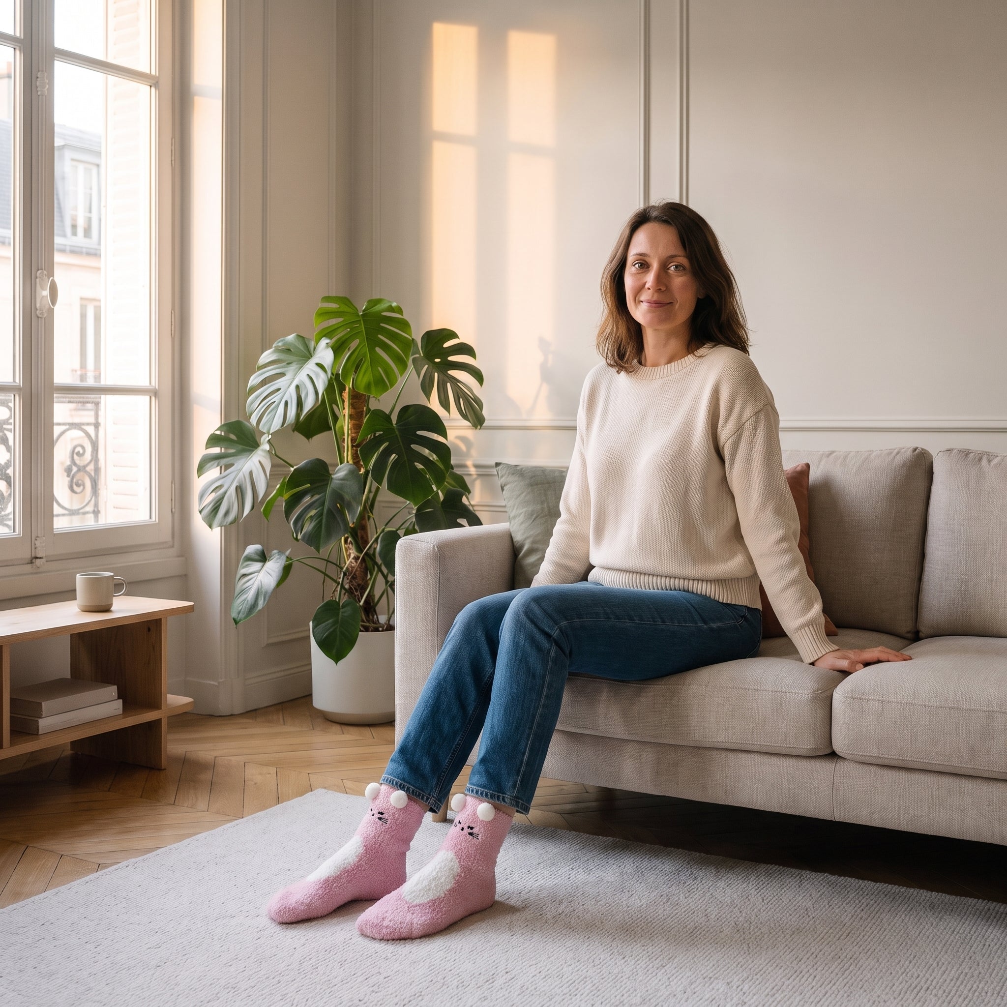 Chaussettes animaux chat rose portées aux pieds dans le salon Image