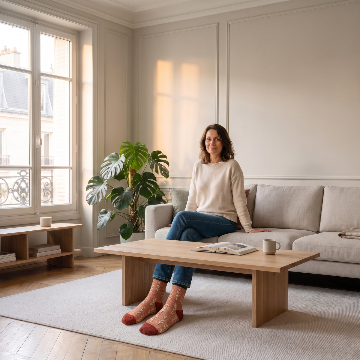 Chaussettes orange à motif feuillage portées aux pieds dans le salon Image