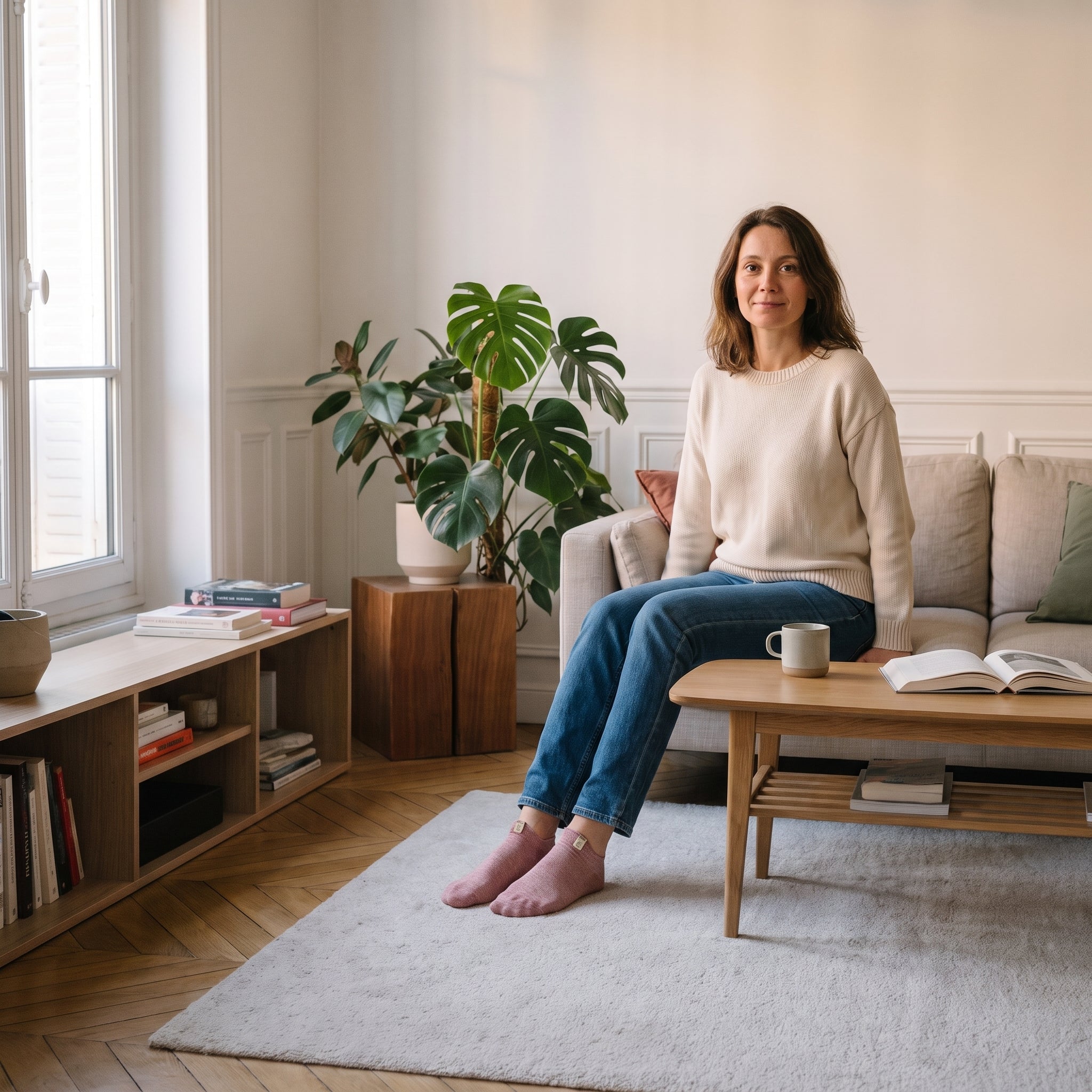 Chaussettes basses roses à cœur doré portées aux pieds dans le salon Image