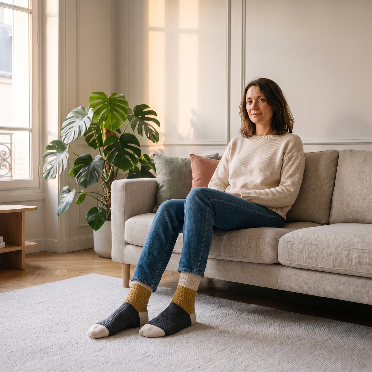 Chaussettes tricolores écru brique et bleu portées aux pieds dans le salon Image
