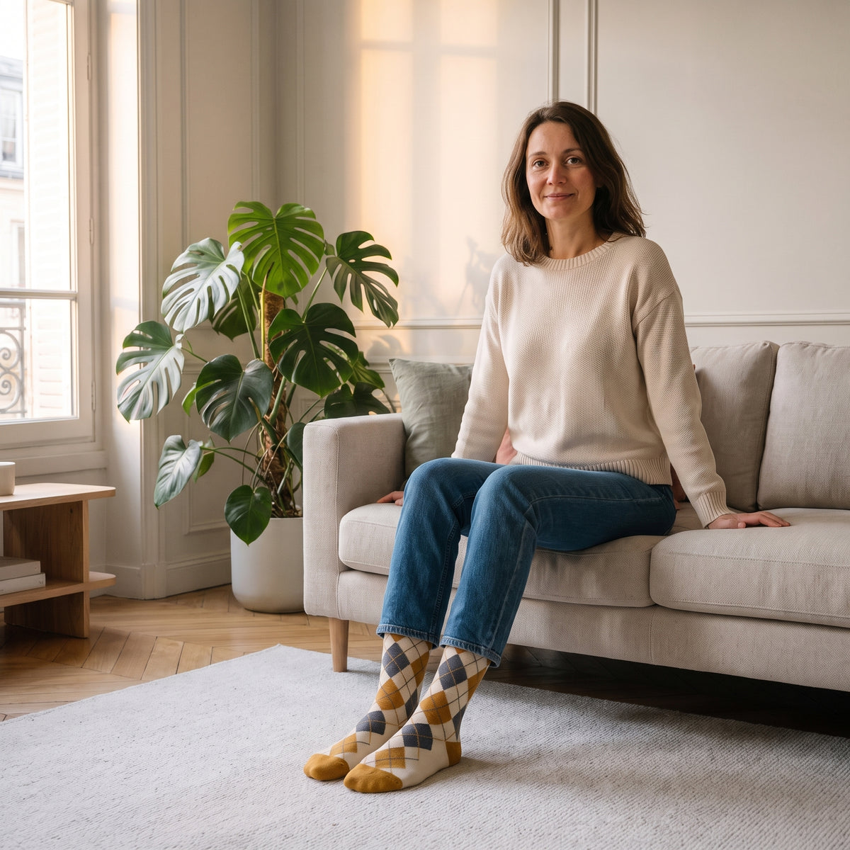 Chaussettes jaunes à losanges jacquard portées aux pieds dans le salon Image