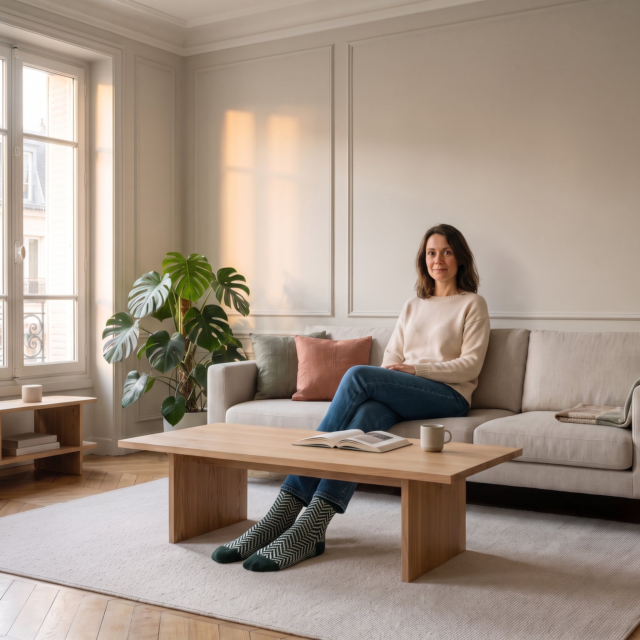 Chaussettes vertes à chevrons portées aux pieds dans le salon Image