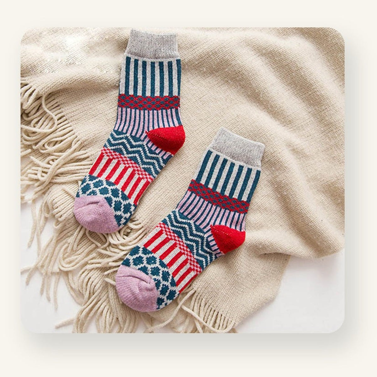 Chaussettes à motifs chaudes femme bleu, rouge et lilas