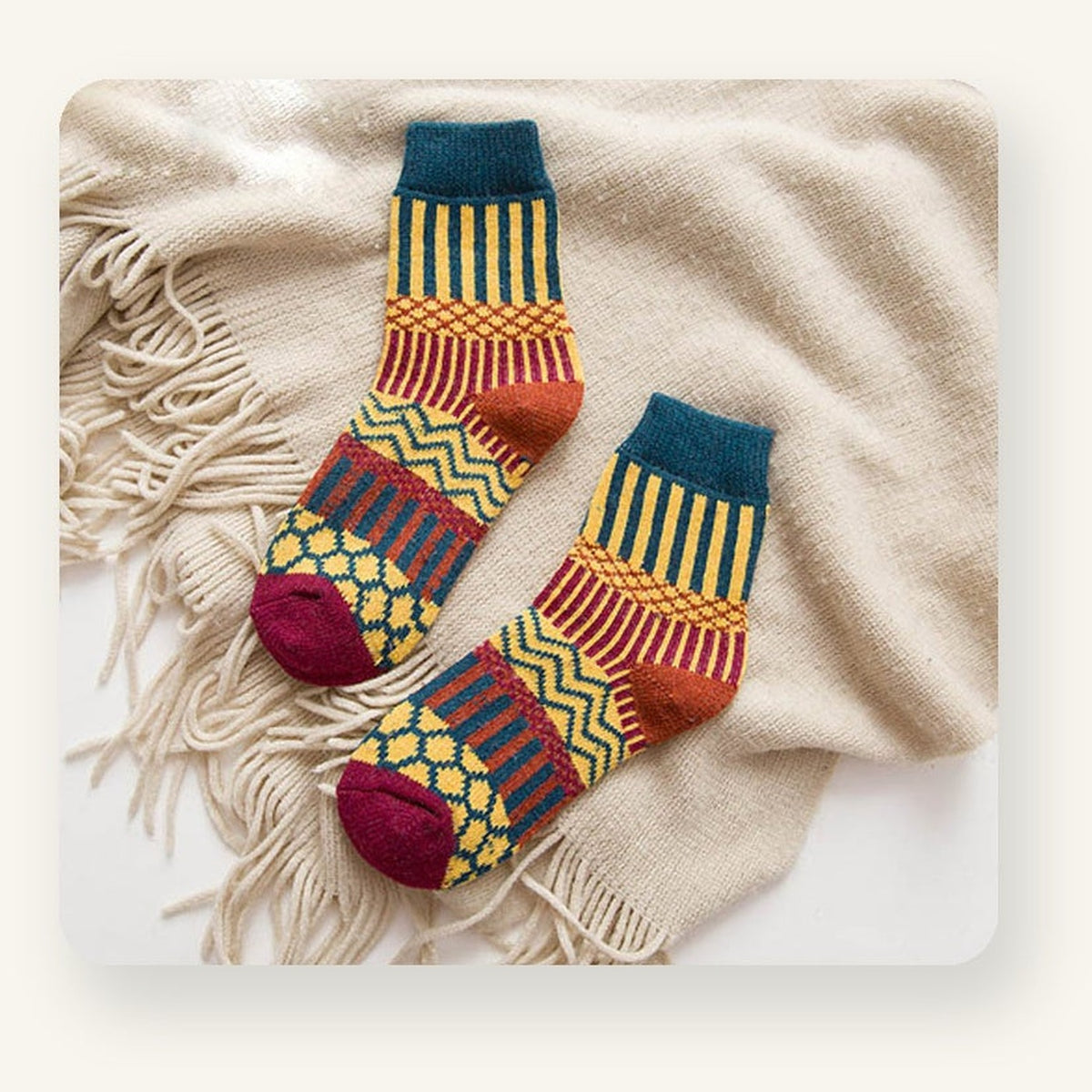Chaussettes à motifs chaudes femme bleu, jaune et bordeaux