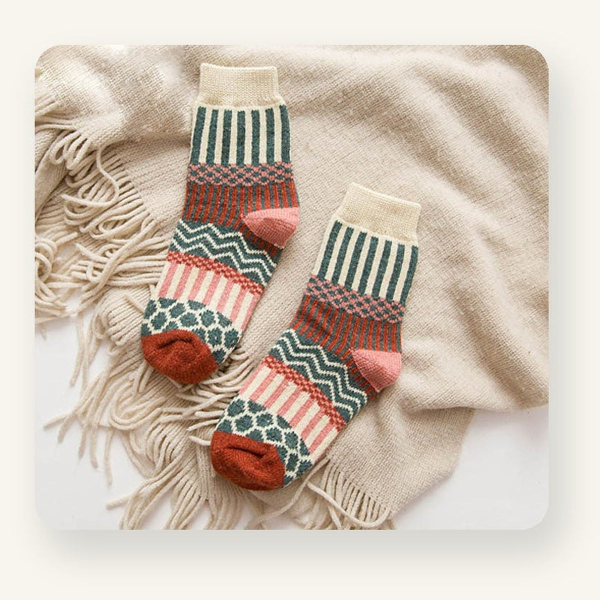 Chaussettes à motifs chaudes femme écru, vert et terracotta