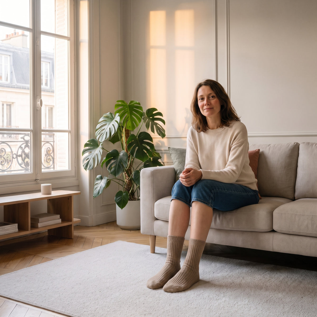 Chaussettes unies kaki portées aux pieds dans le salon Image