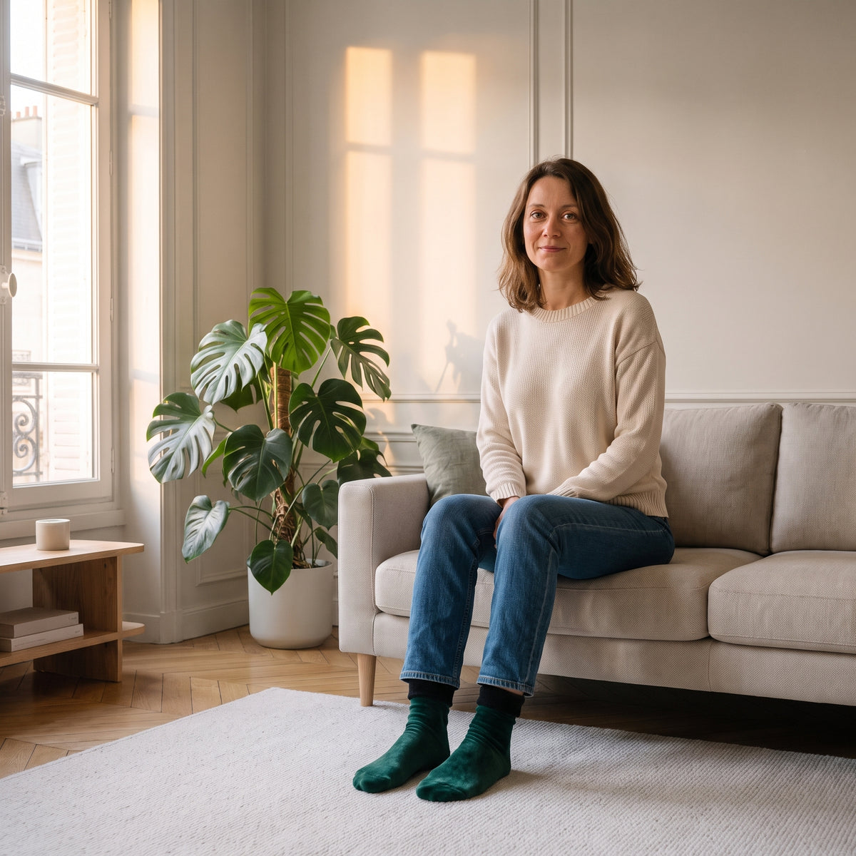 Chaussettes unies vertes à revers duveteux portées aux pieds dans le salon Image
