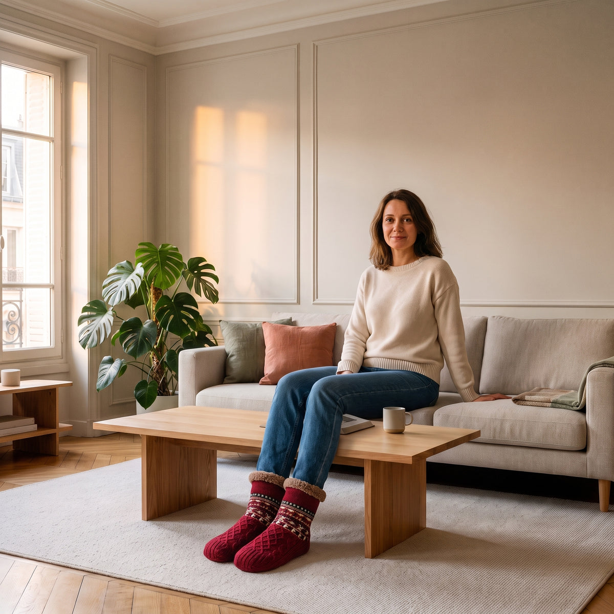 Chaussettes chaussons fourrées rouges portées aux pieds dans un salon Image