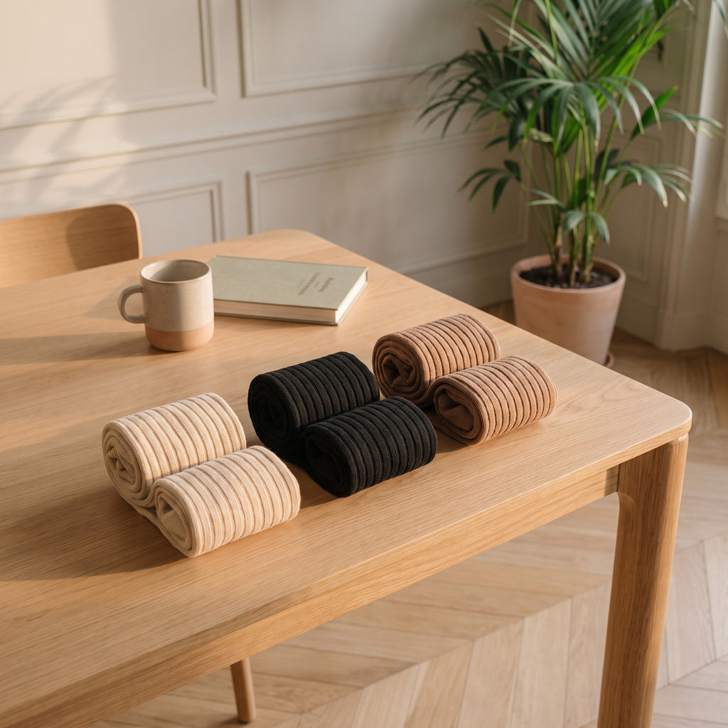 Les trois paires d'un lot, écrue, noire et caramel, roulées côte à côte sur une table en bois clair