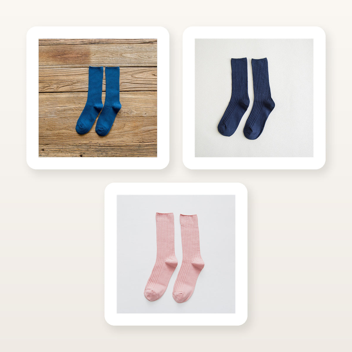 Chaussettes côtelées bleu roi, bleu marine et roses