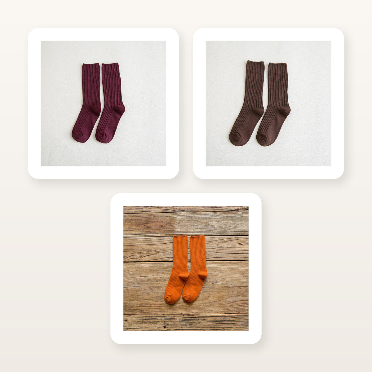 Chaussettes côtelées bourgogne, marron et orange
